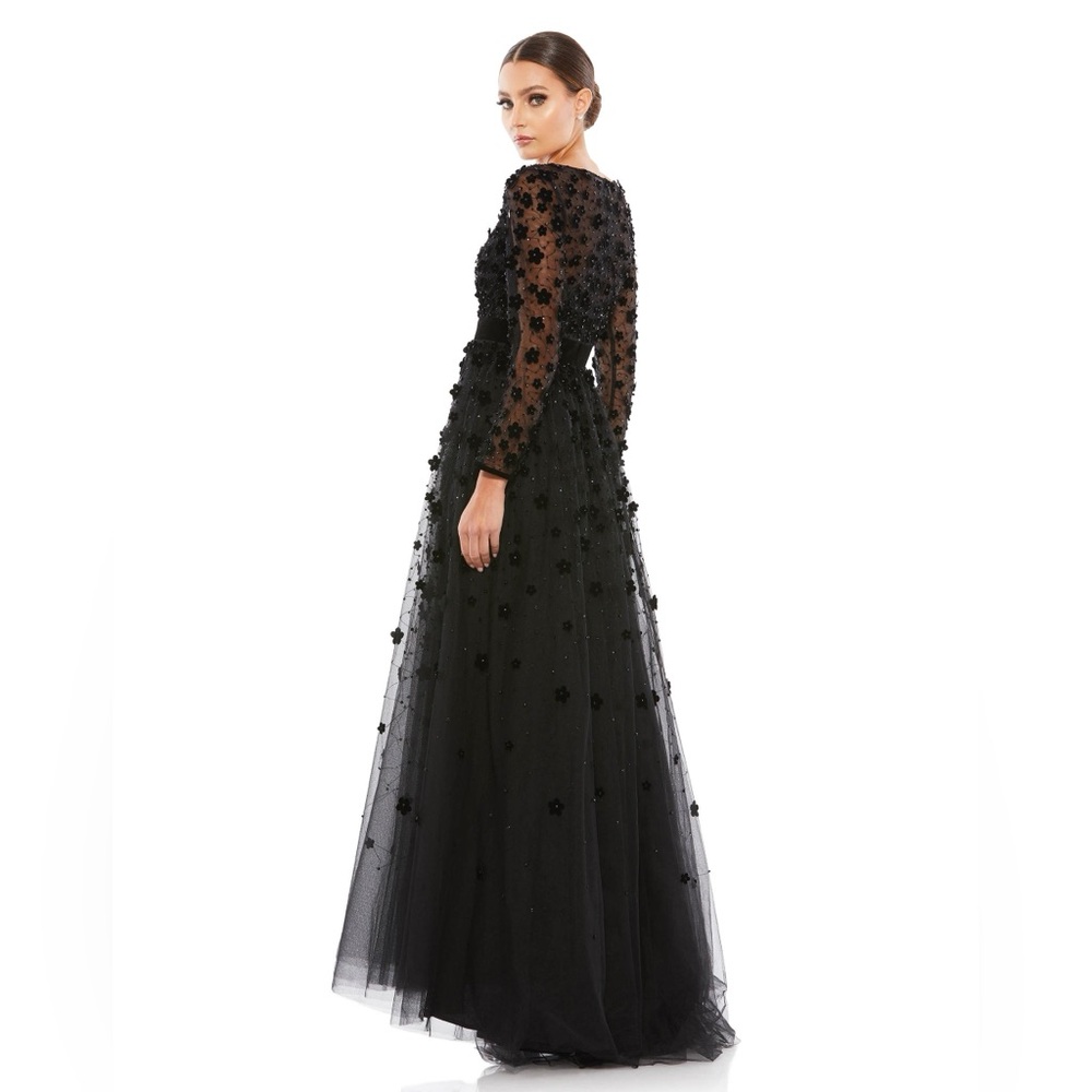 Velvet floral appliqué v neck gown - Picture 3 of 4